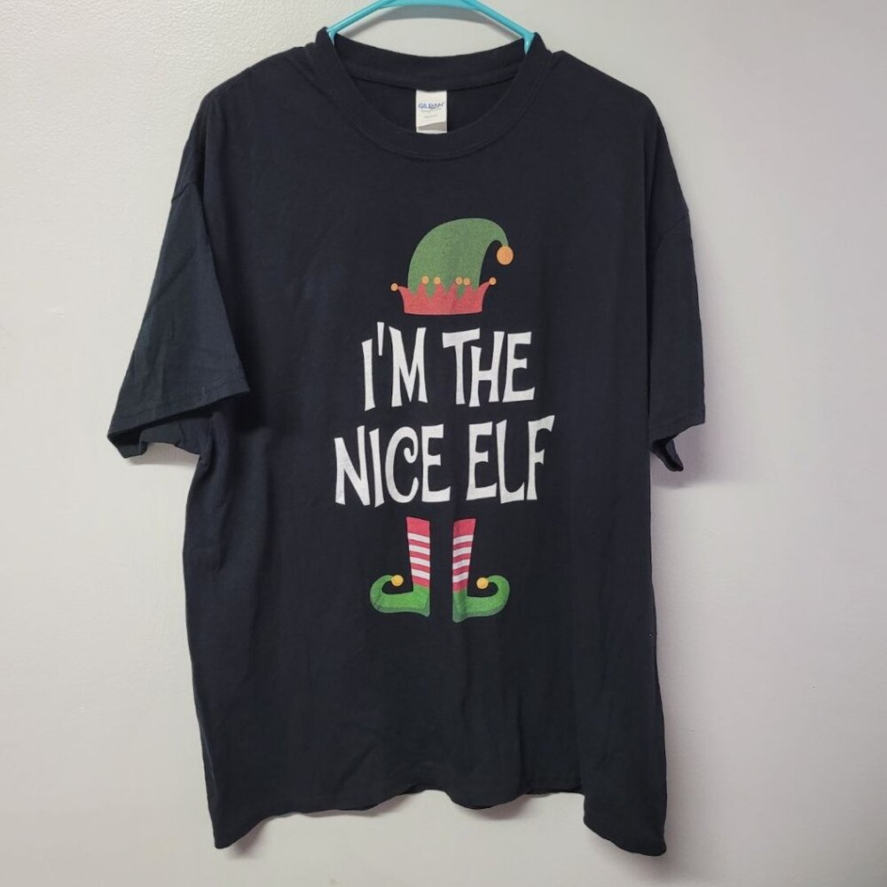 Gildan Nice Elf Tee Shirt Christmas Holiday Womens XL‎ Black Naughty Party Funny